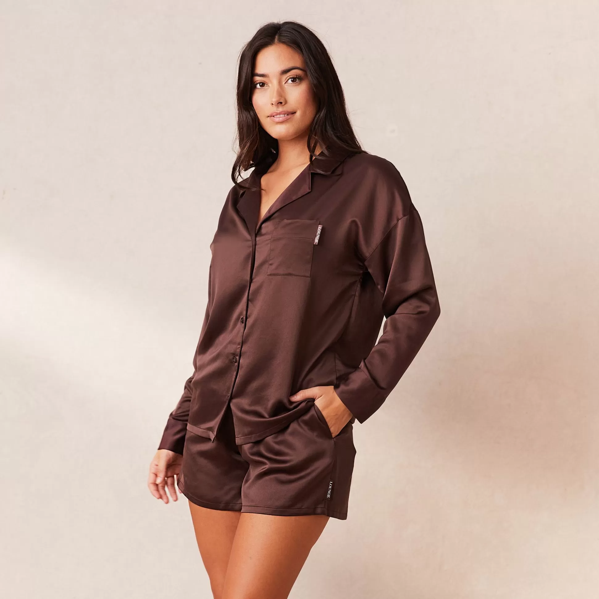 Outlet Lounge Underwear Classic Satin Pyjama Shirt Chocolate