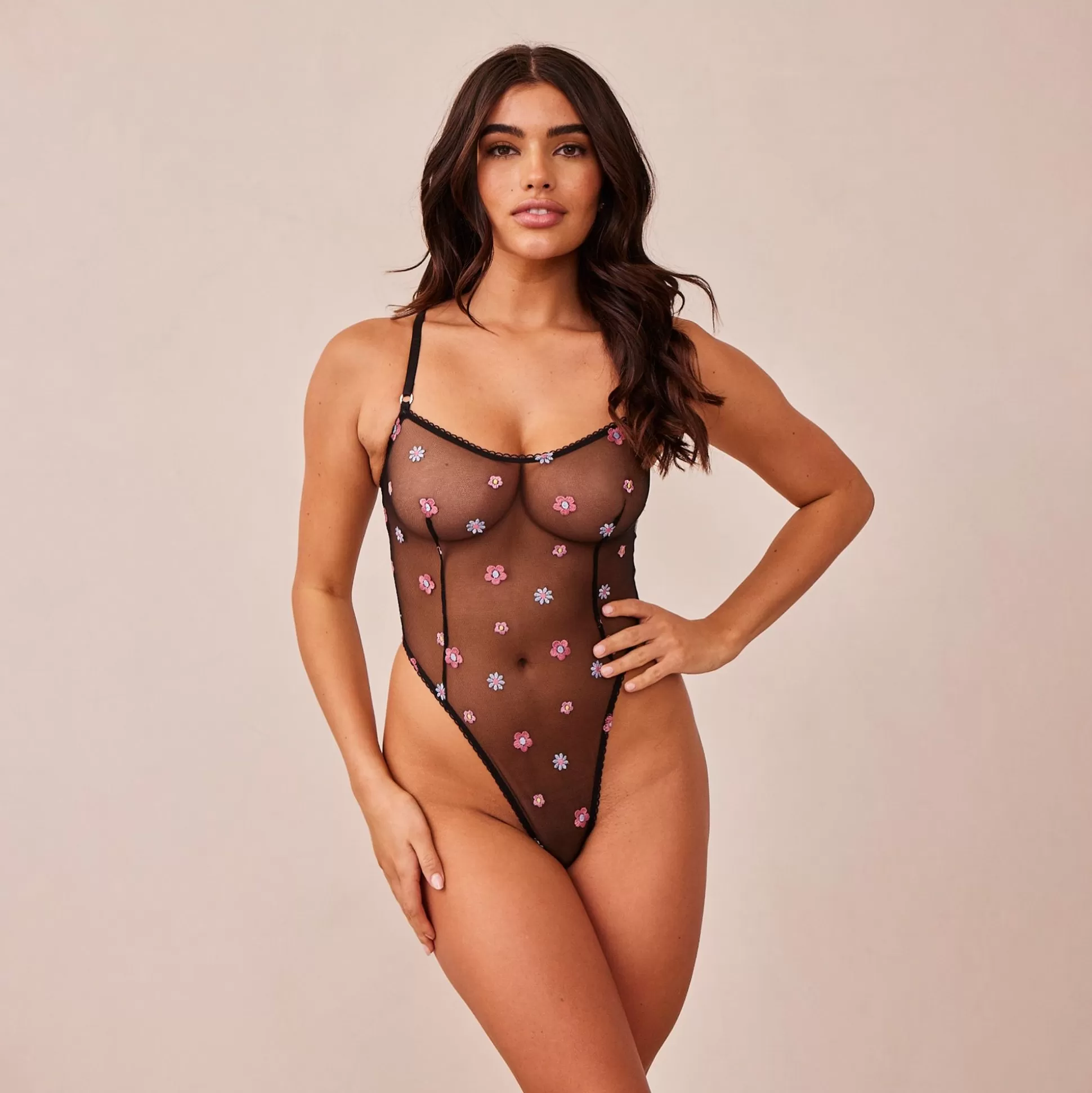 Best Sale Lounge Underwear Sheer Floral Bodysuit Black